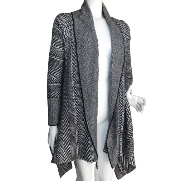 BEBE Cardigan Sweater, S, Geometric/Stripe, Open front, Asymmetric, Shawl collar - Picture 3 of 12
